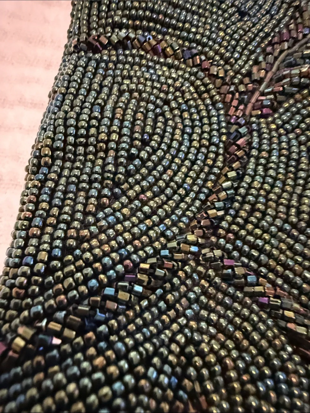 Beaded Antique Evening Handbag in Iridescent Dark Green Beads, etc All Perfect.